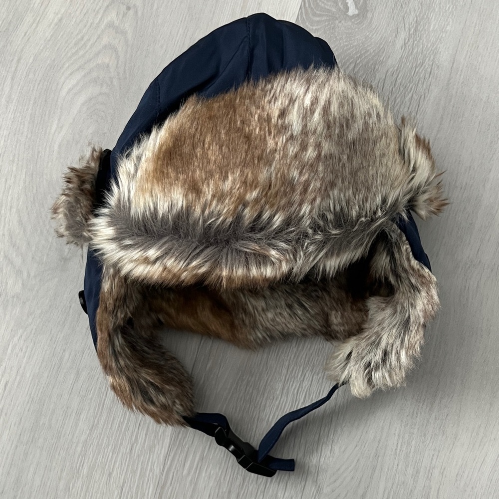 APPAMAN TRAPPER HAT BOYS BLU FAUX FRU LINED CHIN STRAP BOYS SMALL